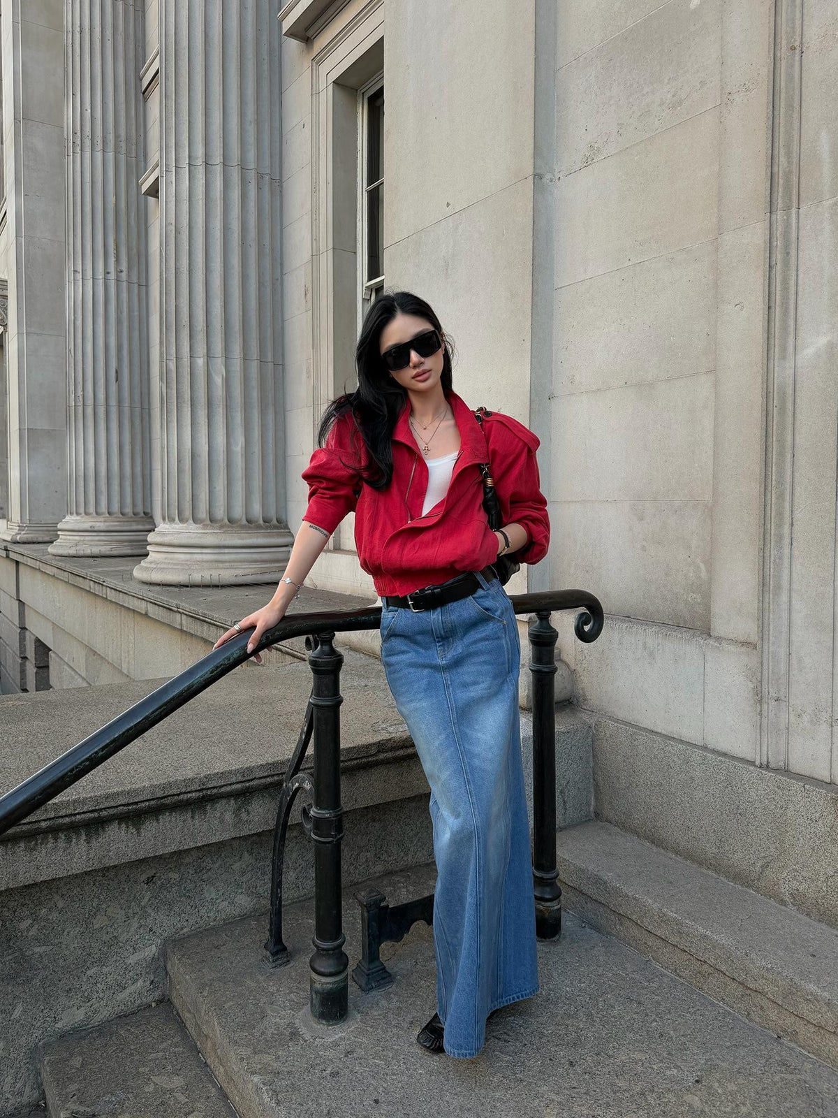 rovente Lava Red Linen Stand Collar Epaulet Loose Fit Women's Cropped Jackets