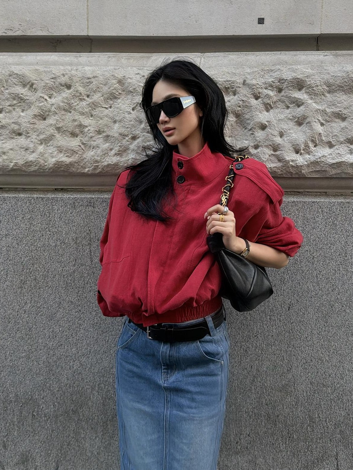 rovente Lava Red Linen Stand Collar Epaulet Loose Fit Women's Cropped Jackets