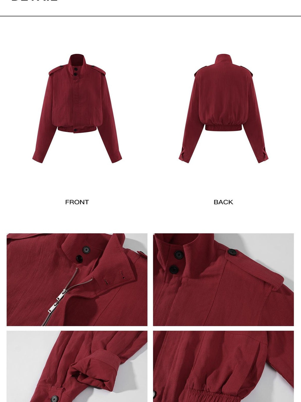 rovente Lava Red Linen Stand Collar Epaulet Loose Fit Women's Cropped Jackets