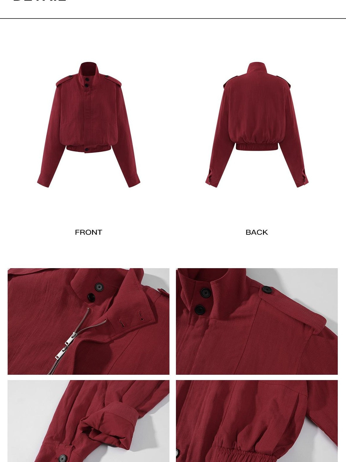 rovente Lava Red Linen Stand Collar Epaulet Loose Fit Women's Cropped Jackets