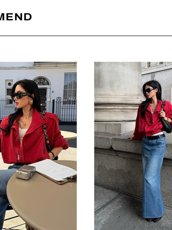 rovente Lava Red Linen Stand Collar Epaulet Loose Fit Women's Cropped Jackets