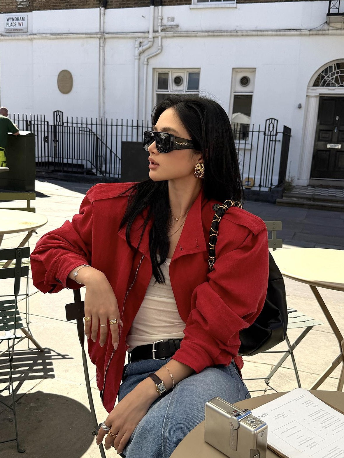 rovente Lava Red Linen Stand Collar Epaulet Loose Fit Women's Cropped Jackets