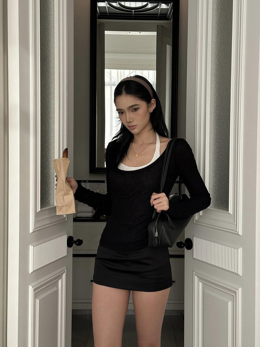 rovente Layered Slim Long Sleeve Tee Hip Skirt Black Women's Stretch Matching Skirt Sets