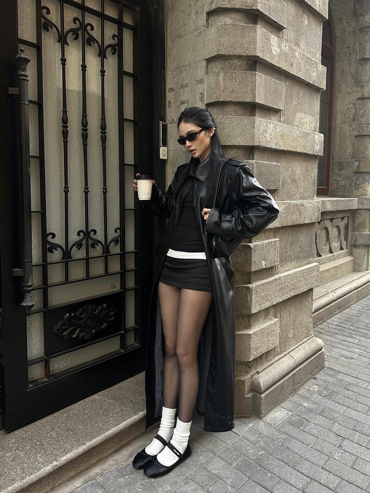 rovente Layered Slim Long Sleeve Tee Hip Skirt Black Women's Stretch Matching Skirt Sets
