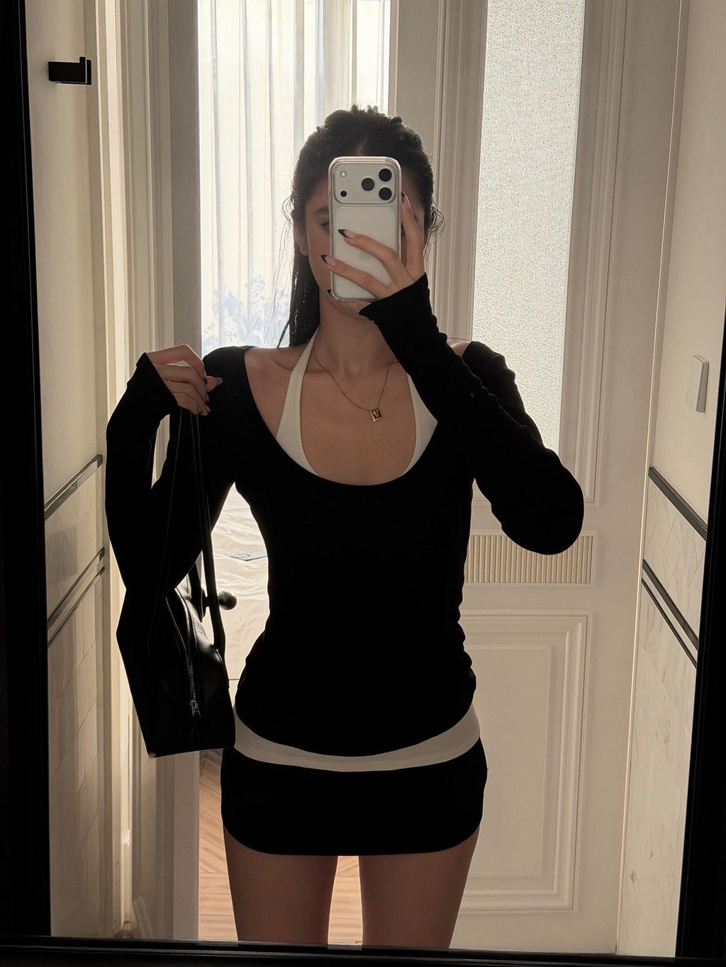 rovente Layered Slim Long Sleeve Tee Hip Skirt Black Women's Stretch Matching Skirt Sets
