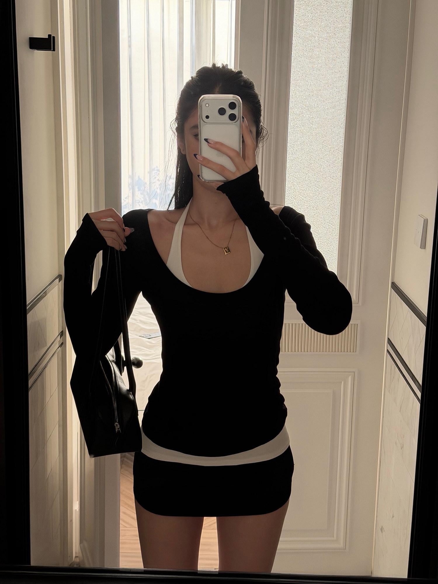 rovente Layered Slim Long Sleeve Tee Hip Skirt Black Women's Stretch Matching Skirt Sets