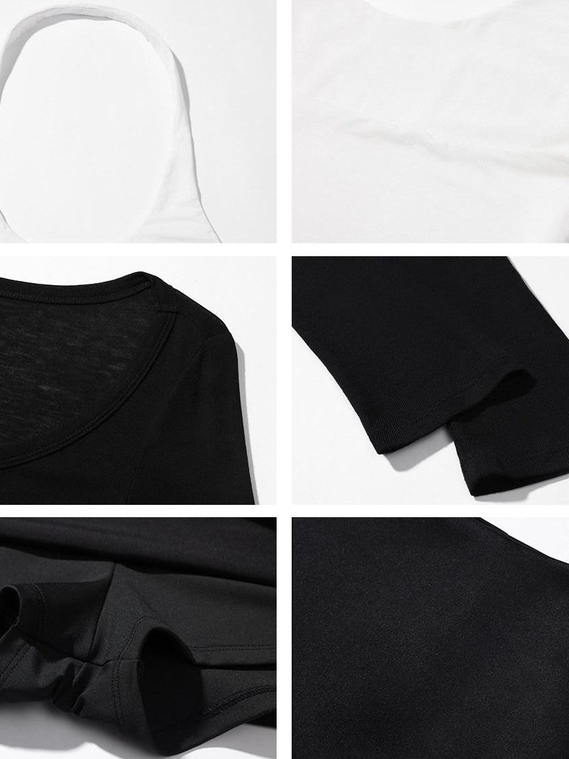 rovente Layered Slim Long Sleeve Tee Hip Skirt Black Women's Stretch Matching Skirt Sets
