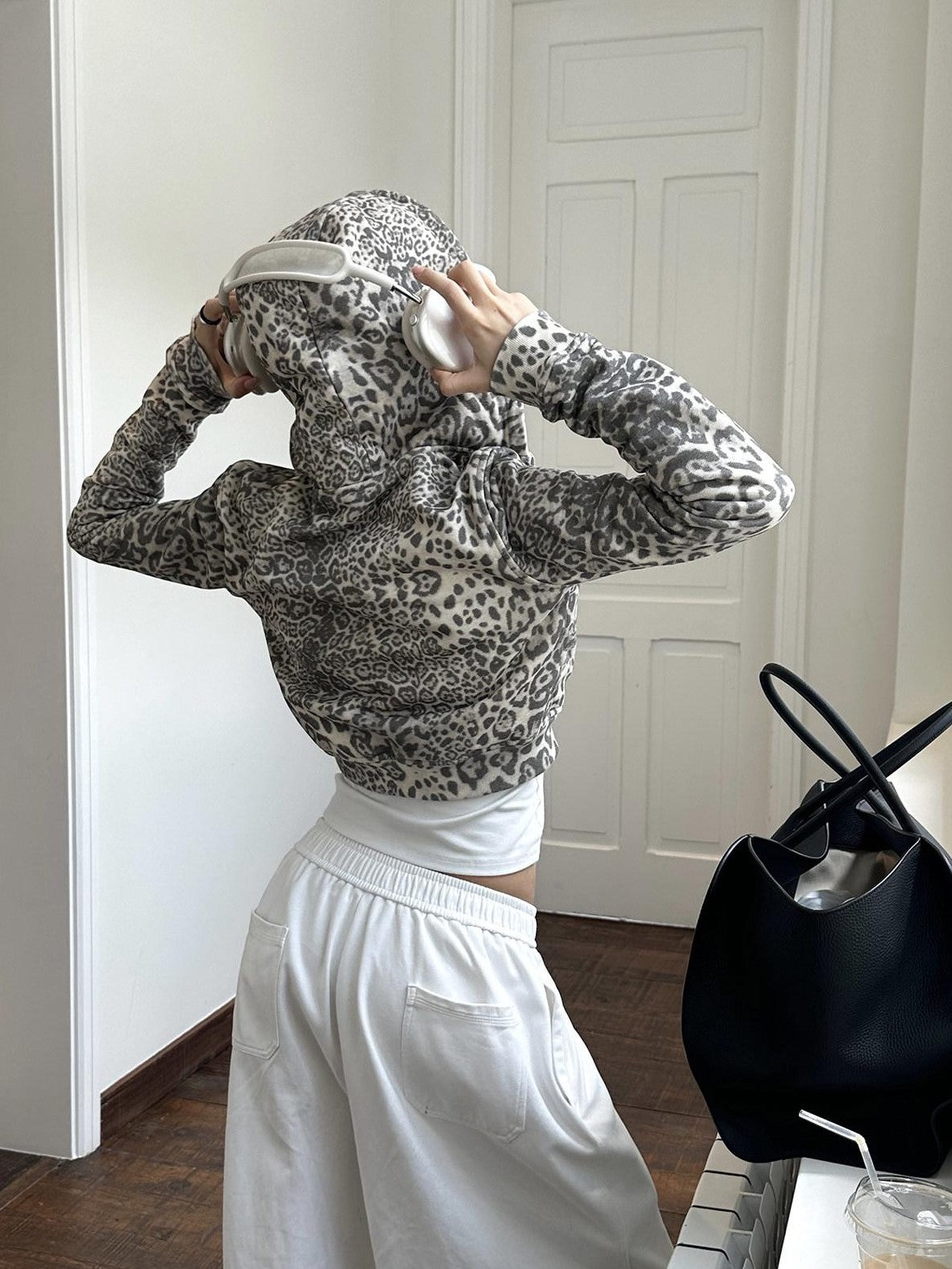 rovente Leopard Cropped Hooded Relaxed Long Sleeve Women's Cotton Zip-up Hoodies