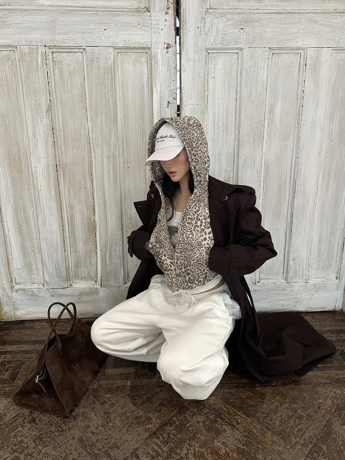 rovente Leopard Cropped Hooded Relaxed Long Sleeve Women's Cotton Zip-up Hoodies
