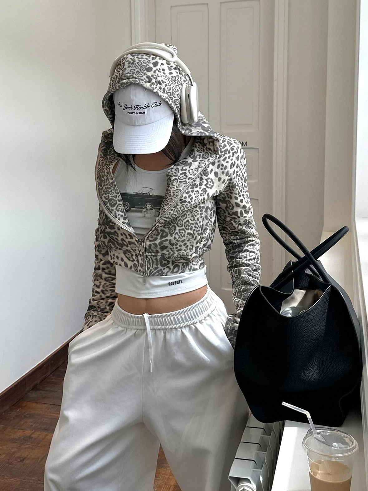rovente Leopard Cropped Hooded Relaxed Long Sleeve Women's Cotton Zip-up Hoodies