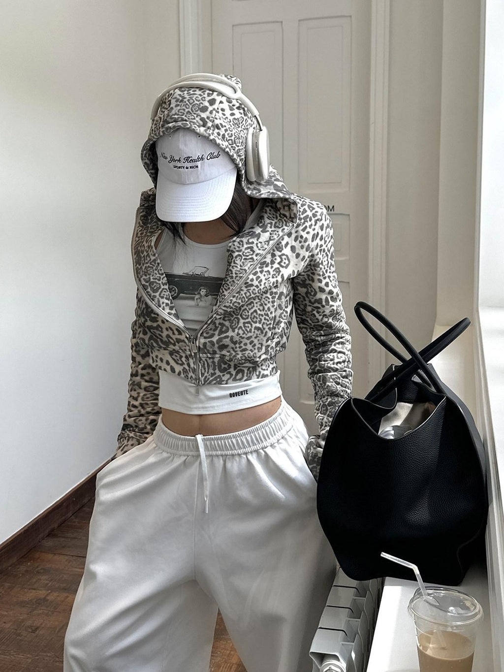 rovente Leopard Cropped Hooded Relaxed Long Sleeve Women's Cotton Zip-up Hoodies