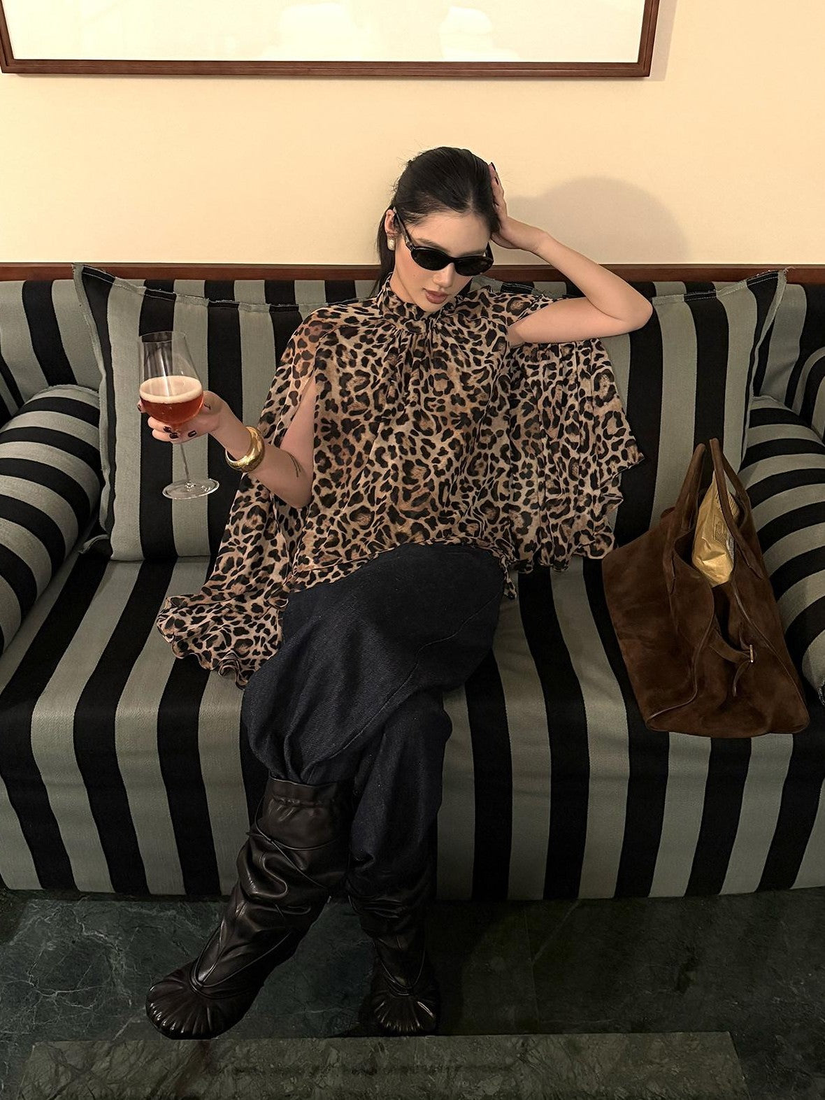 rovente Leopard Print High Neck Long Sleeve Side Slit Women's Polyester Tunic Blouses