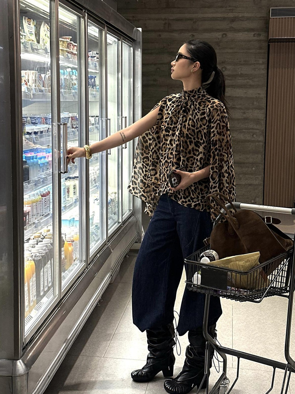 rovente Leopard Print High Neck Long Sleeve Side Slit Women's Polyester Tunic Blouses