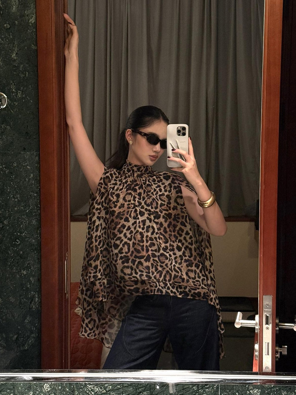 rovente Leopard Print High Neck Long Sleeve Side Slit Women's Polyester Tunic Blouses