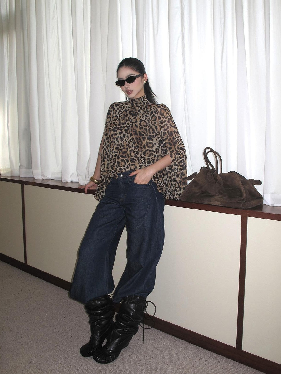 rovente Leopard Print High Neck Long Sleeve Side Slit Women's Polyester Tunic Blouses