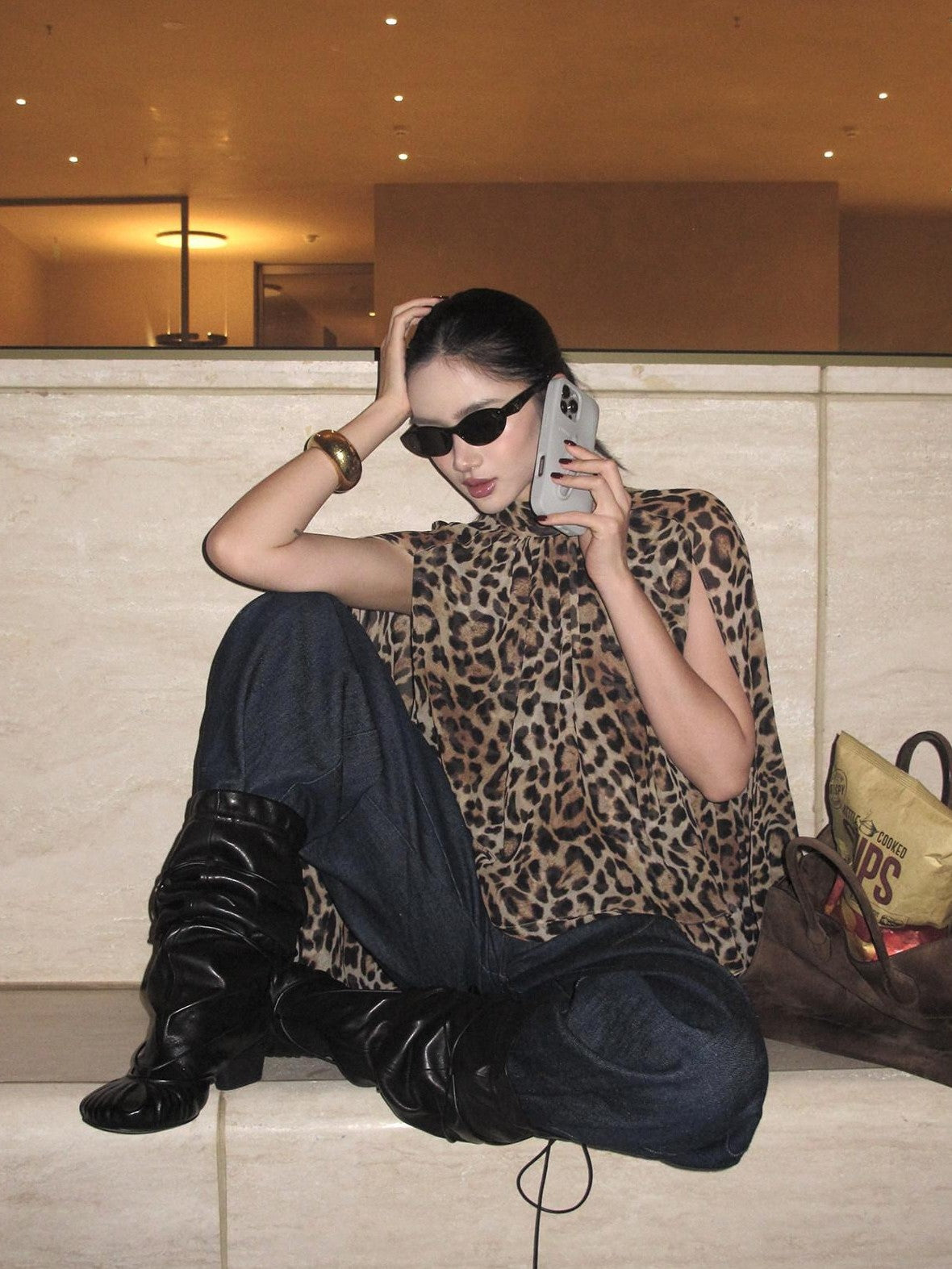 rovente Leopard Print High Neck Long Sleeve Side Slit Women's Polyester Tunic Blouses