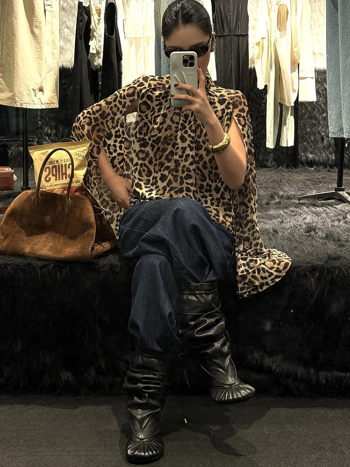 rovente Leopard Print High Neck Long Sleeve Side Slit Women's Polyester Tunic Blouses