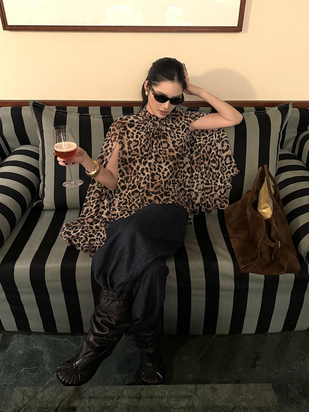 rovente Leopard Print High Neck Long Sleeve Side Slit Women's Polyester Tunic Blouses
