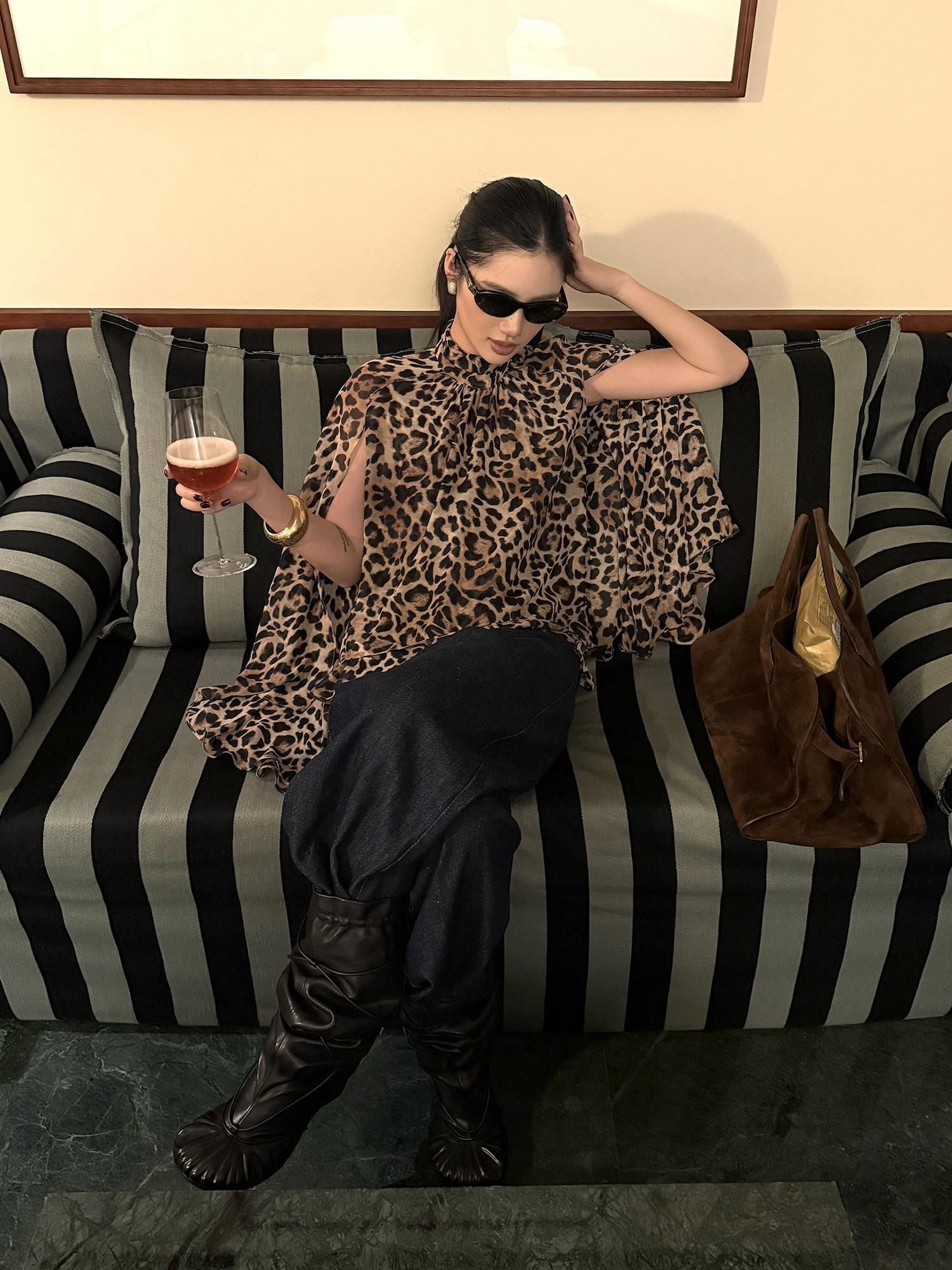 rovente Leopard Print High Neck Long Sleeve Side Slit Women's Polyester Tunic Blouses