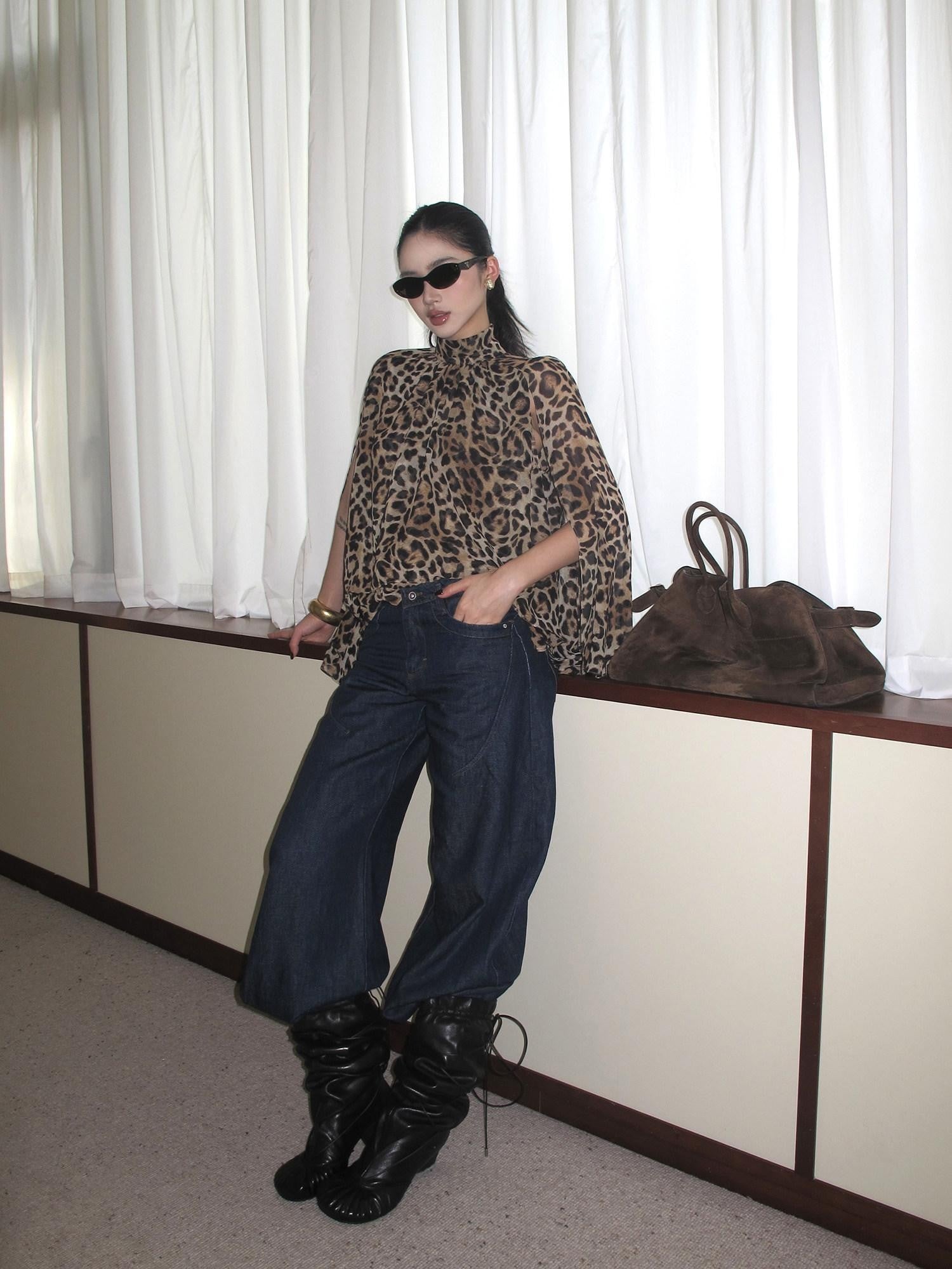 rovente Leopard Print High Neck Long Sleeve Side Slit Women's Polyester Tunic Blouses