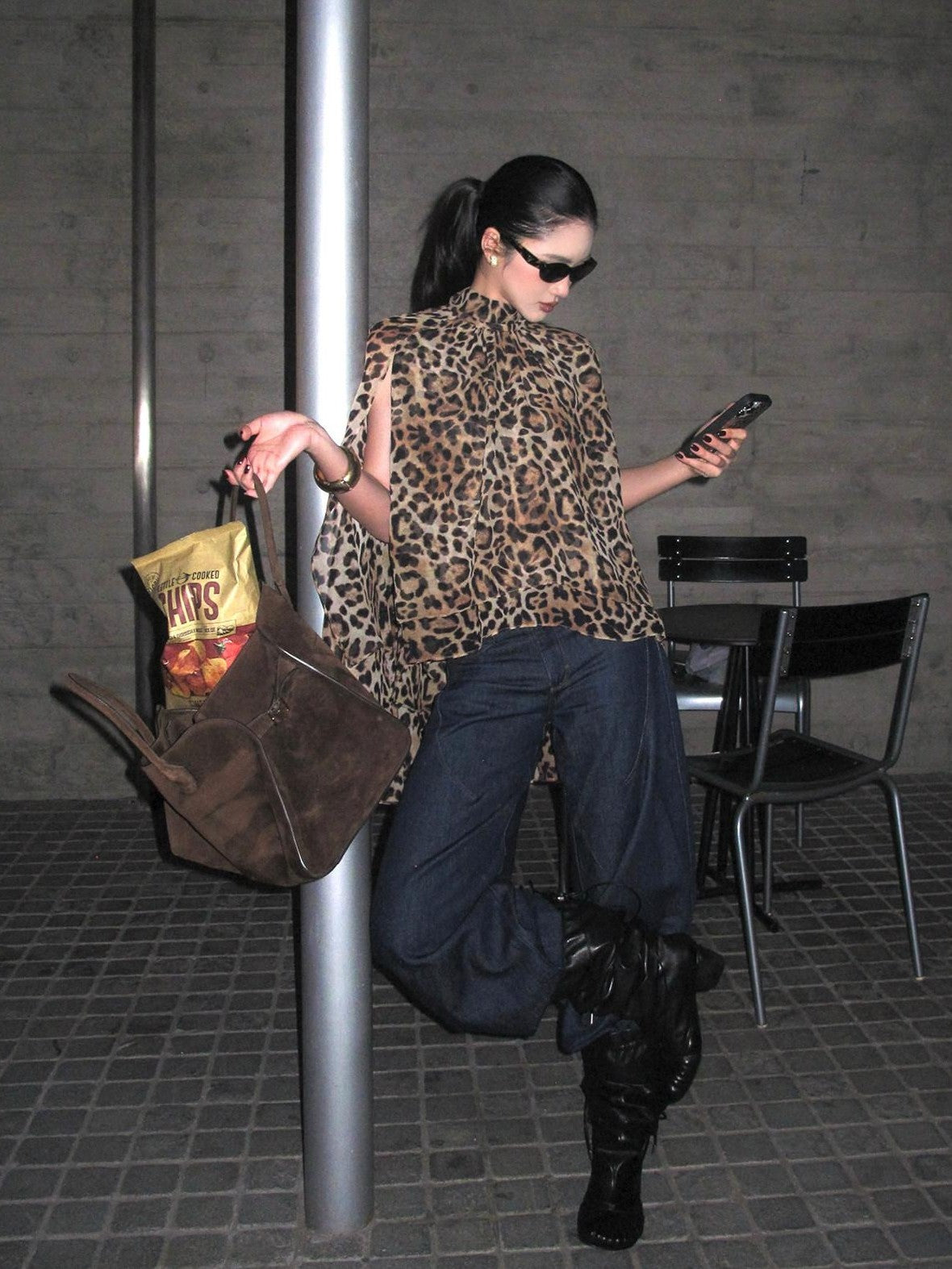 rovente Leopard Print High Neck Long Sleeve Side Slit Women's Polyester Tunic Blouses