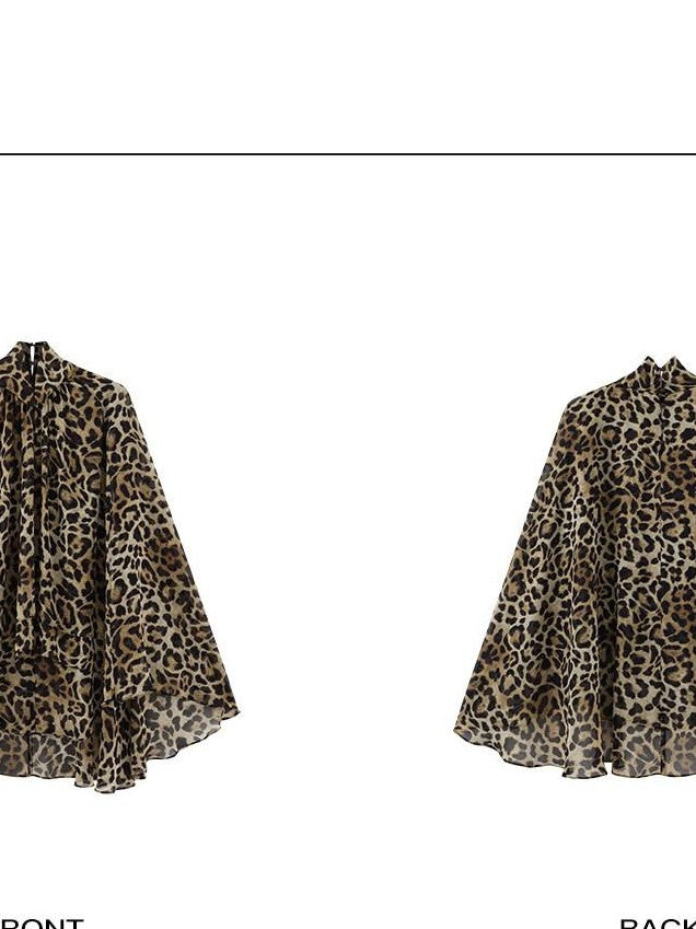 rovente Leopard Print High Neck Long Sleeve Side Slit Women's Polyester Tunic Blouses