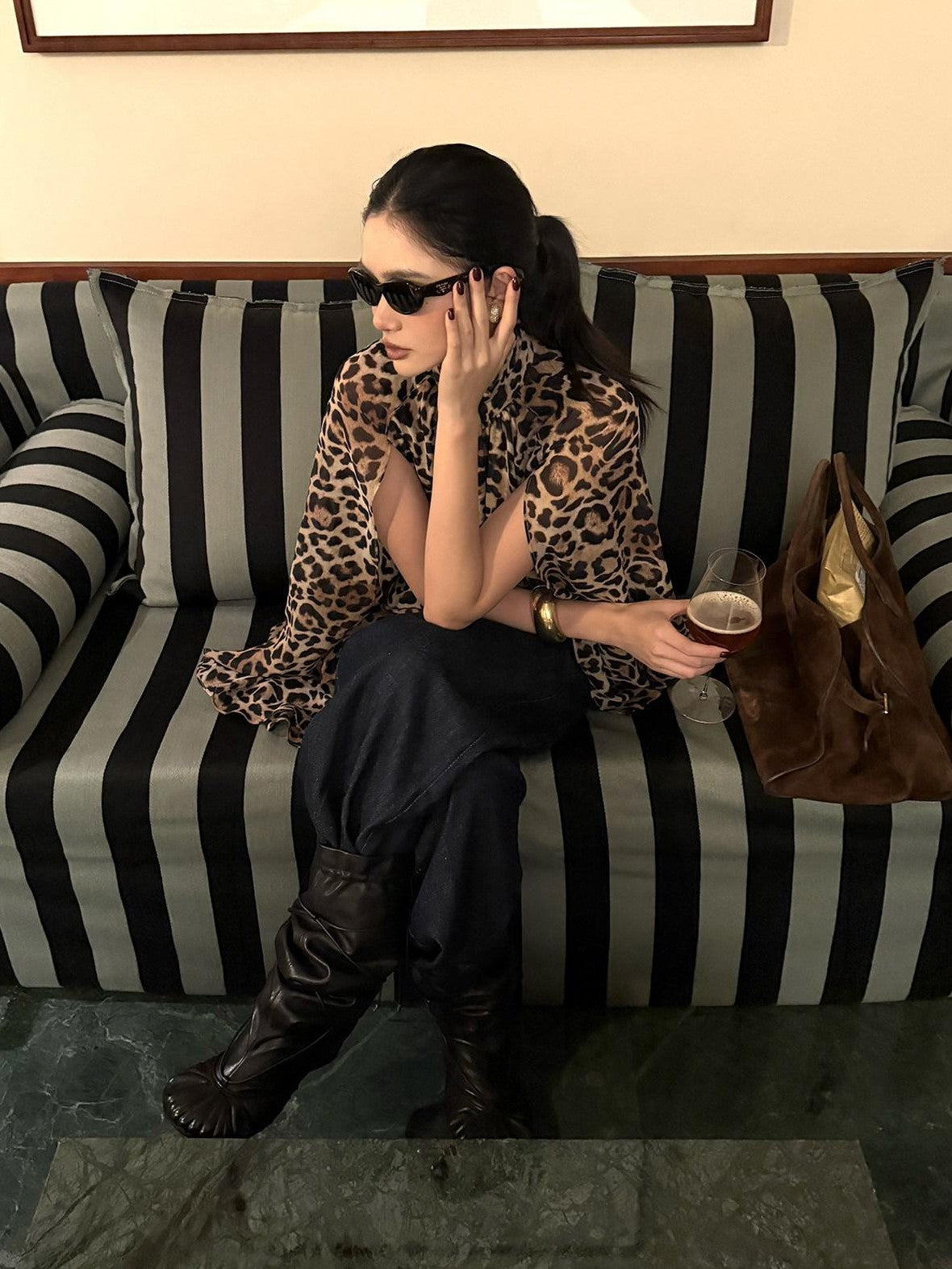 rovente Leopard Print High Neck Long Sleeve Side Slit Women's Polyester Tunic Blouses