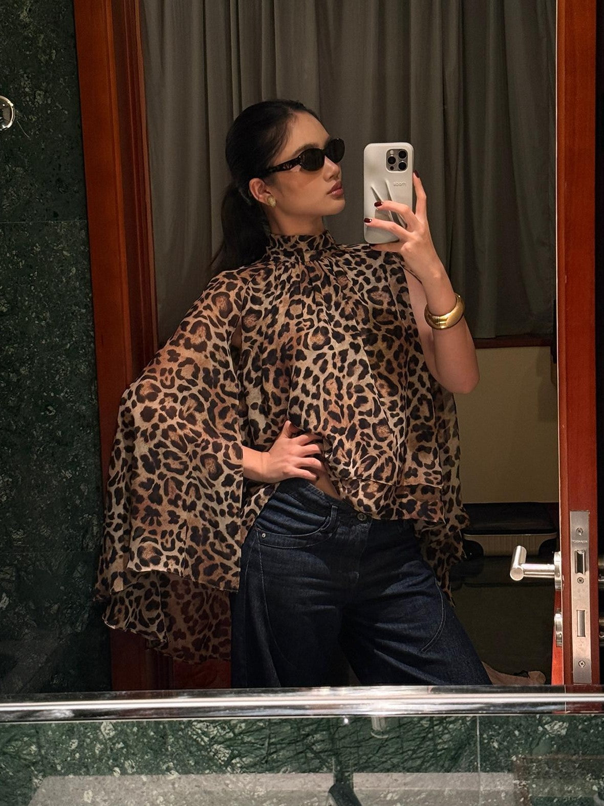 rovente Leopard Print High Neck Long Sleeve Side Slit Women's Polyester Tunic Blouses