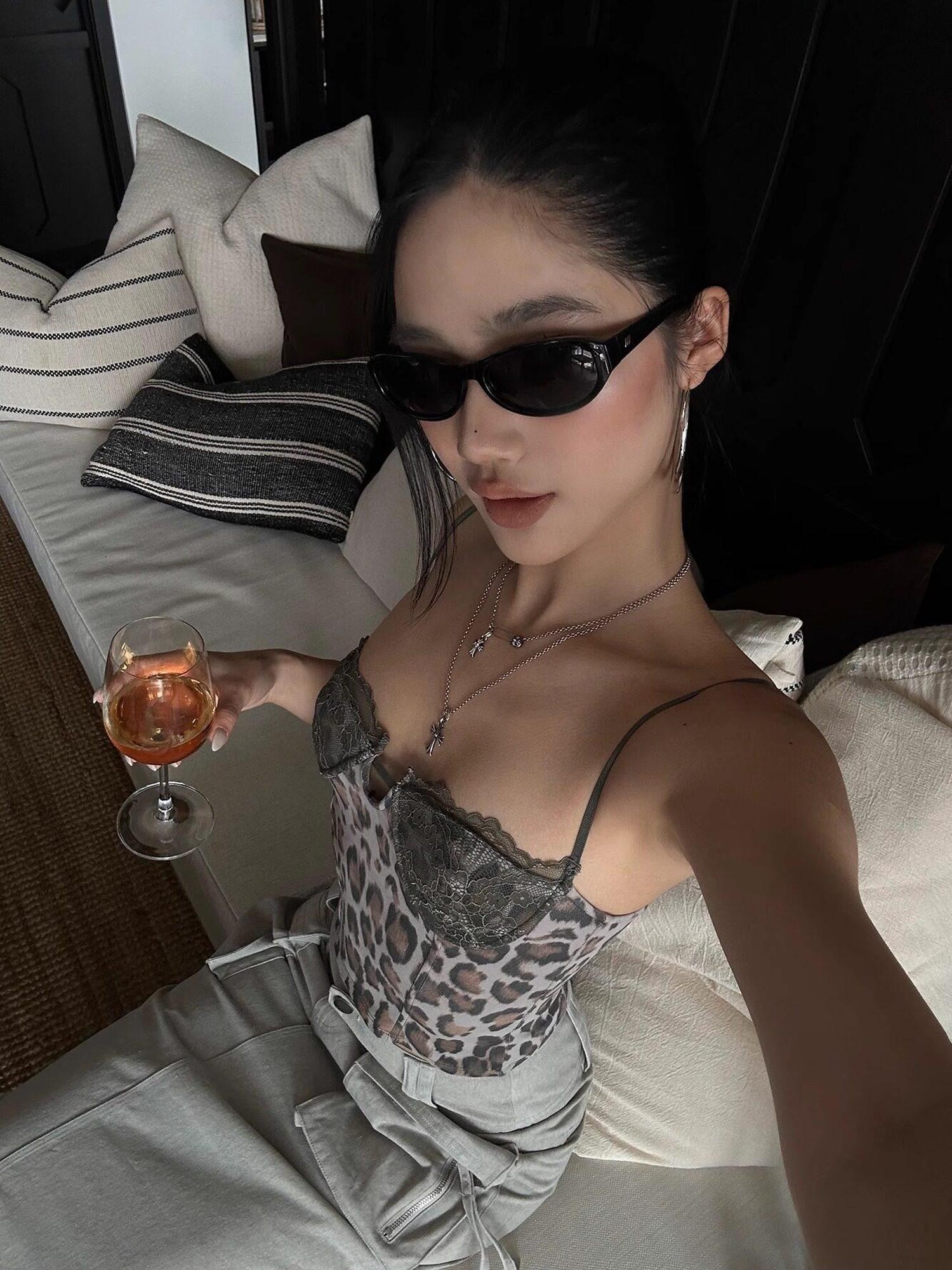 rovente Leopard Print Lace Slim Fit Women's Xinjiang Cotton Short Crop Lace Camisoles