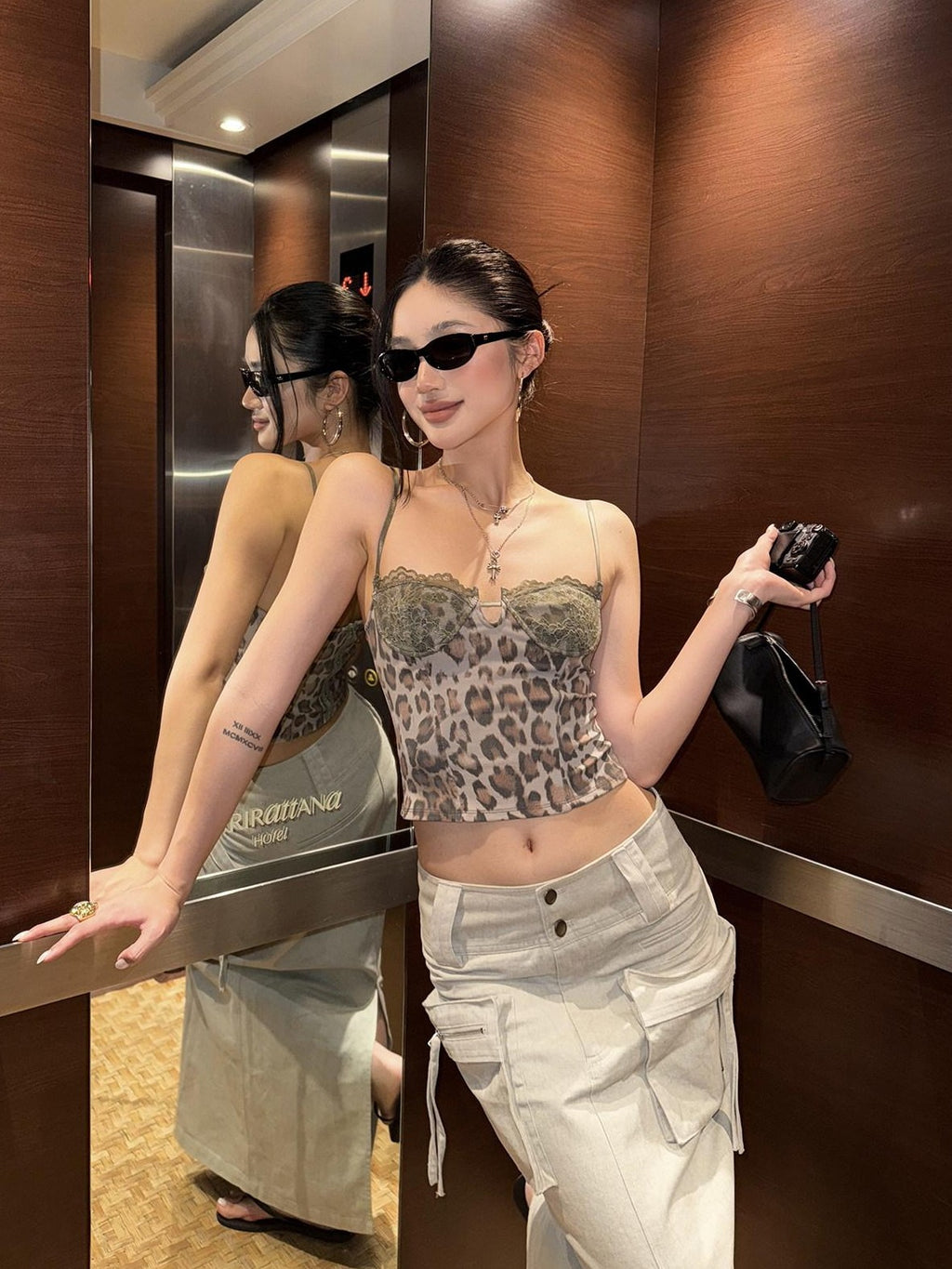 rovente Leopard Print Lace Slim Fit Women's Xinjiang Cotton Short Crop Lace Camisoles