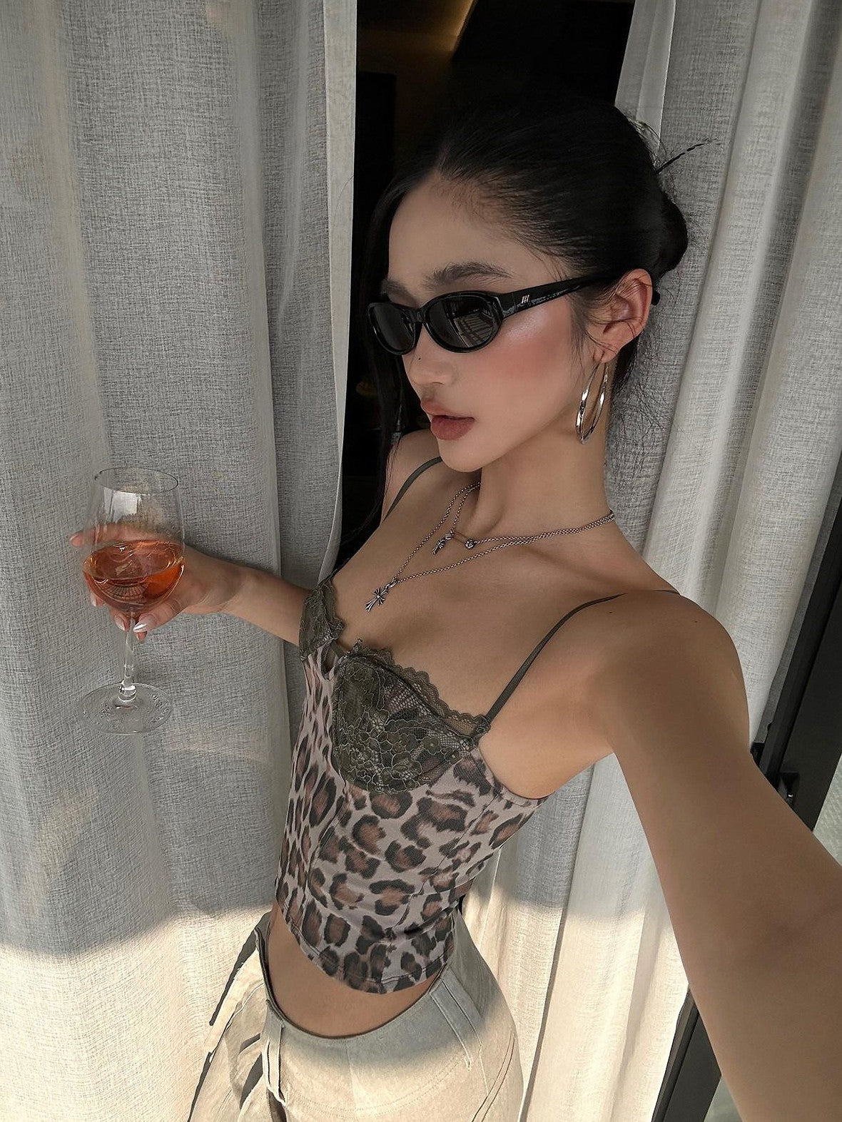 rovente Leopard Print Lace Slim Fit Women's Xinjiang Cotton Short Crop Lace Camisoles
