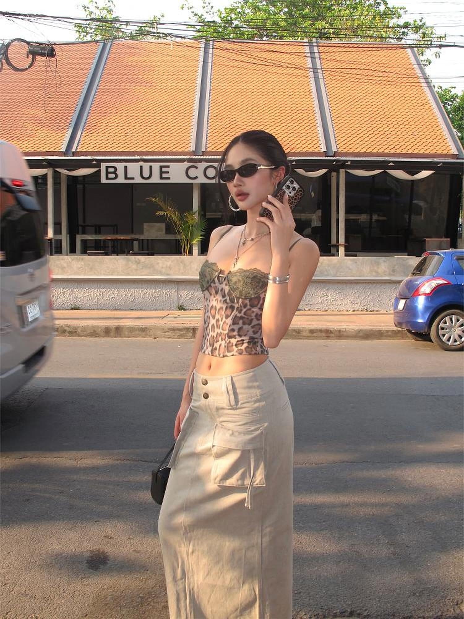rovente Leopard Print Lace Slim Fit Women's Xinjiang Cotton Short Crop Lace Camisoles