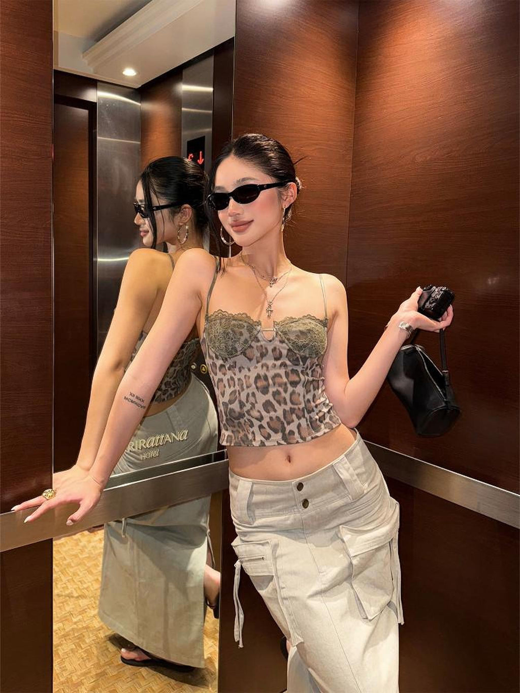 rovente Leopard Print Lace Slim Fit Women's Xinjiang Cotton Short Crop Lace Camisoles