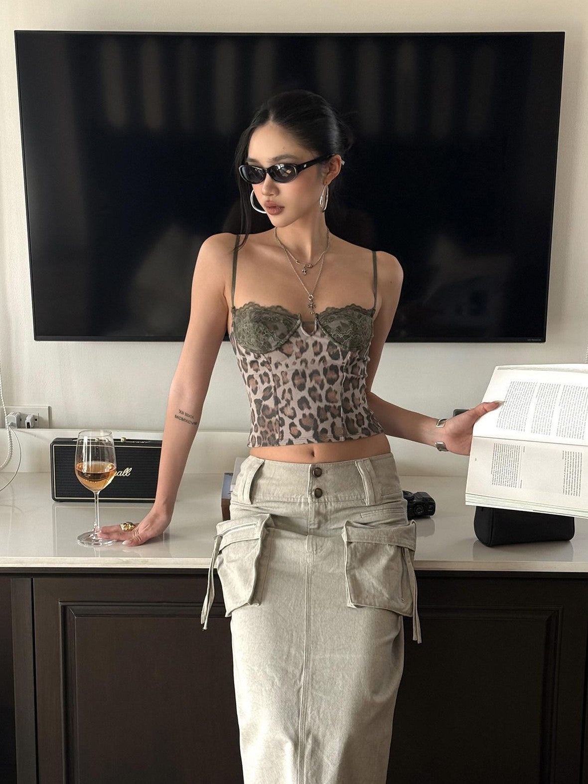 rovente Leopard Print Lace Slim Fit Women's Xinjiang Cotton Short Crop Lace Camisoles