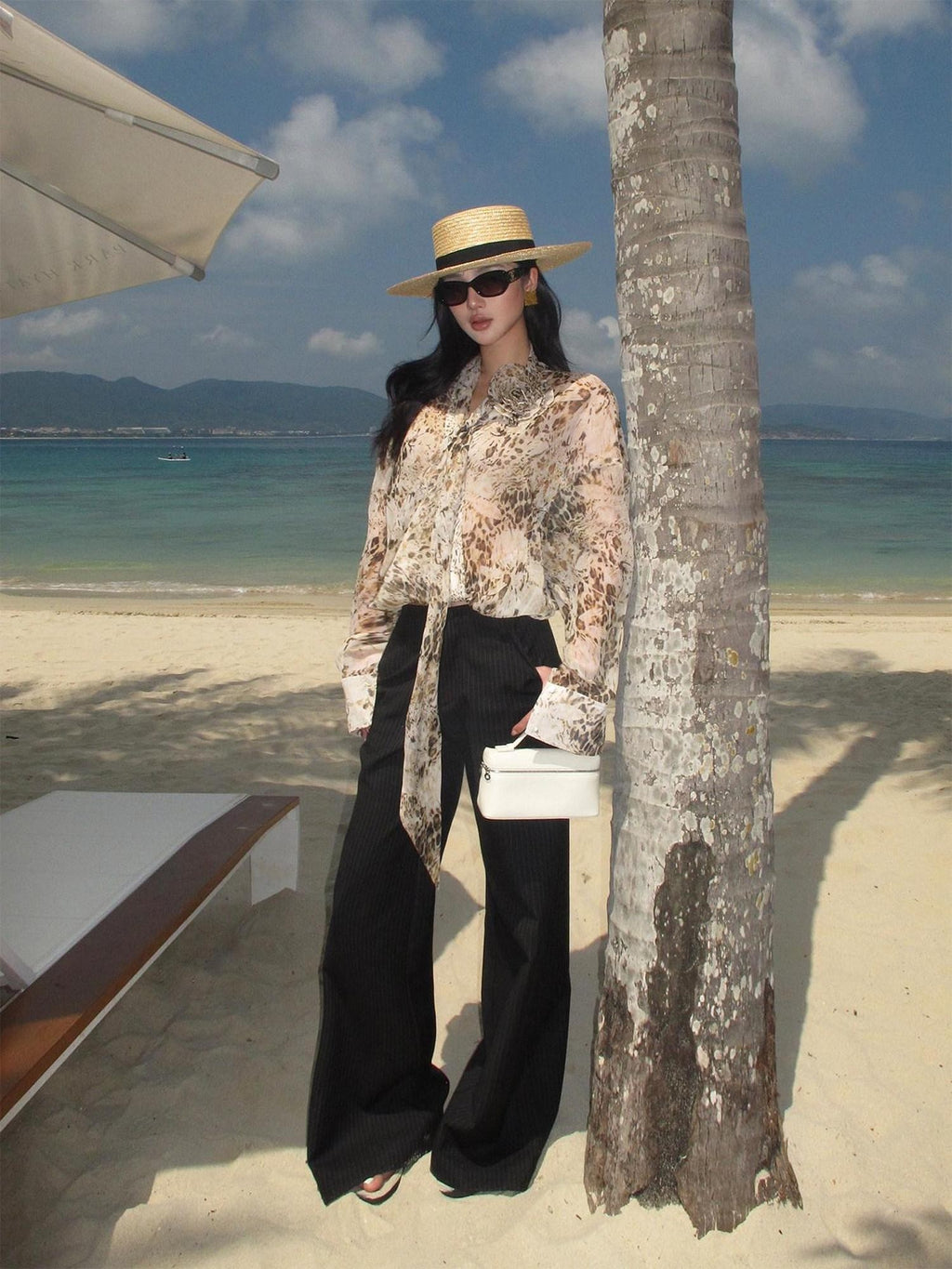 rovente Leopard Print Loose Long Sleeve Tie Neck Women's Polyester Shirt Jackets