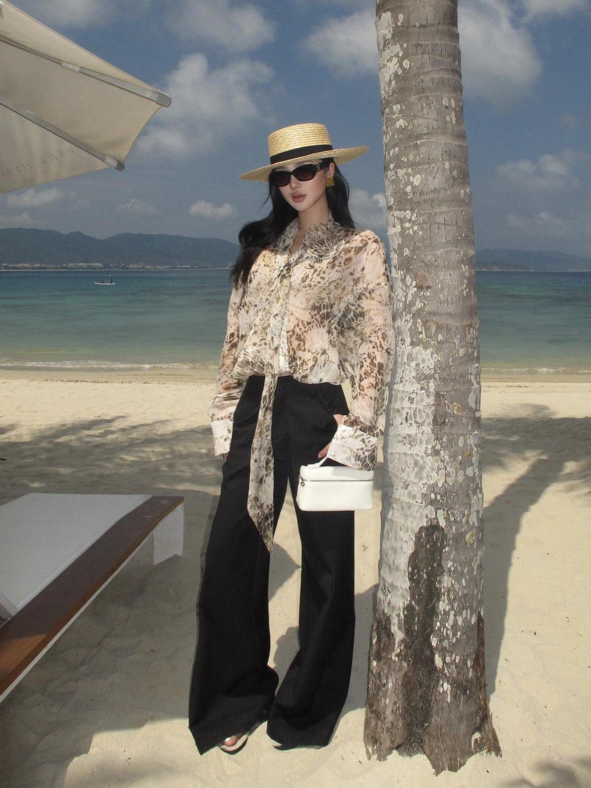 rovente Leopard Print Loose Long Sleeve Tie Neck Women's Polyester Shirt Jackets