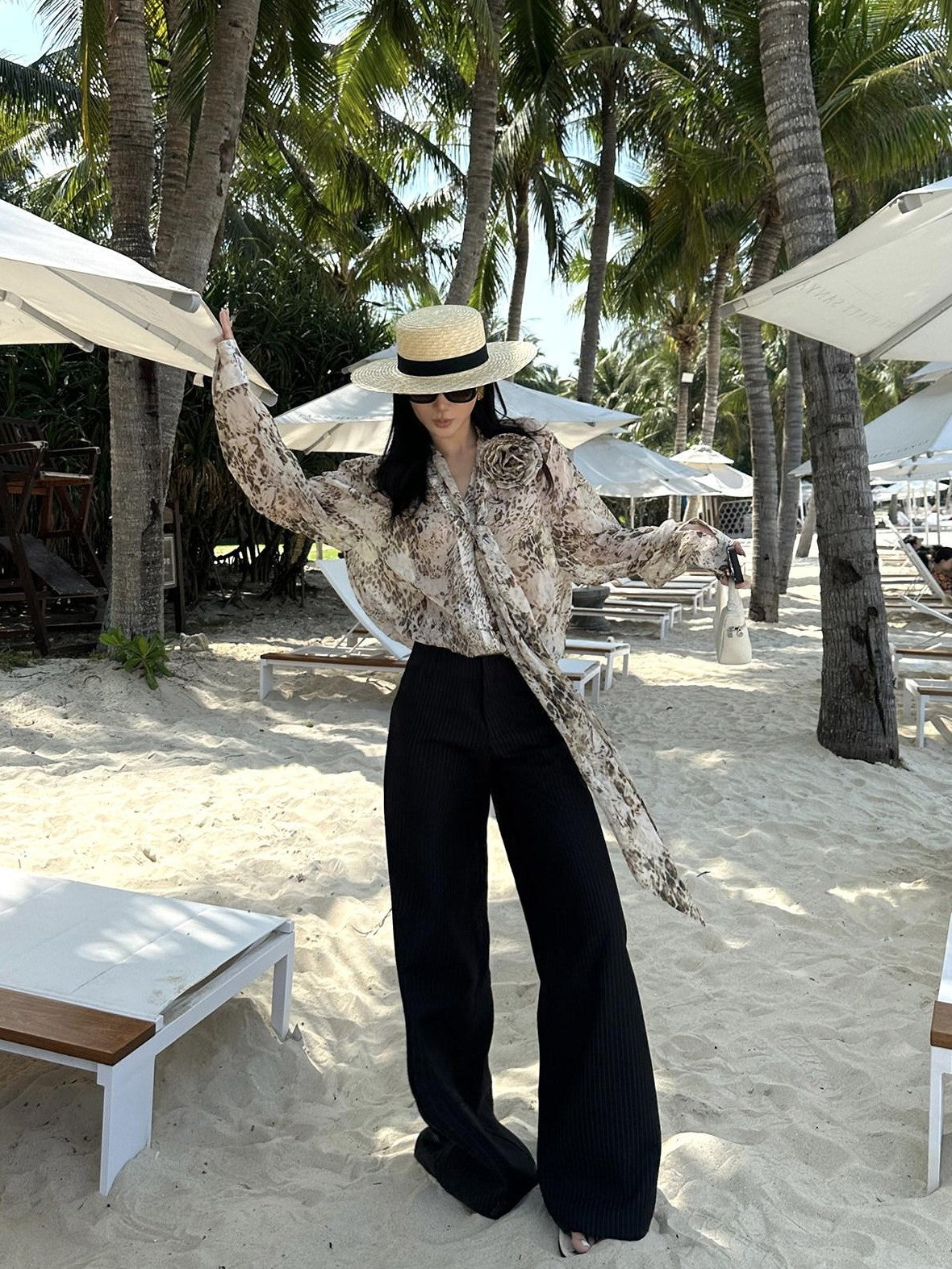 rovente Leopard Print Loose Long Sleeve Tie Neck Women's Polyester Shirt Jackets