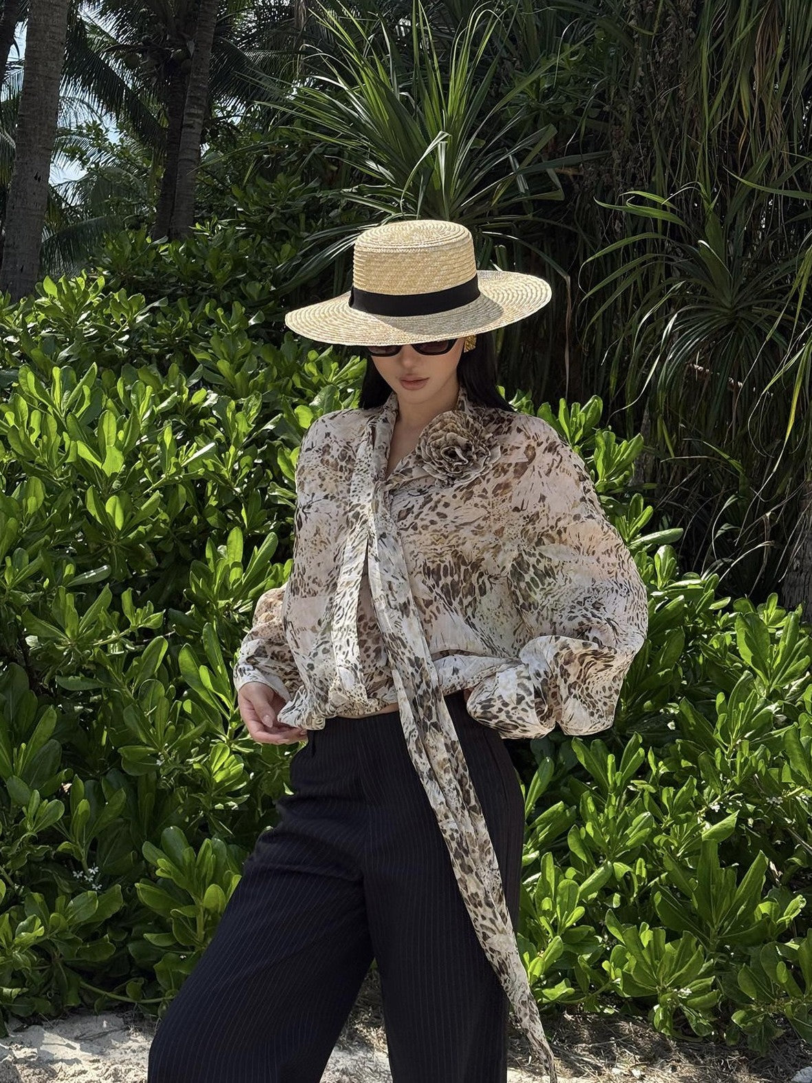 rovente Leopard Print Loose Long Sleeve Tie Neck Women's Polyester Shirt Jackets