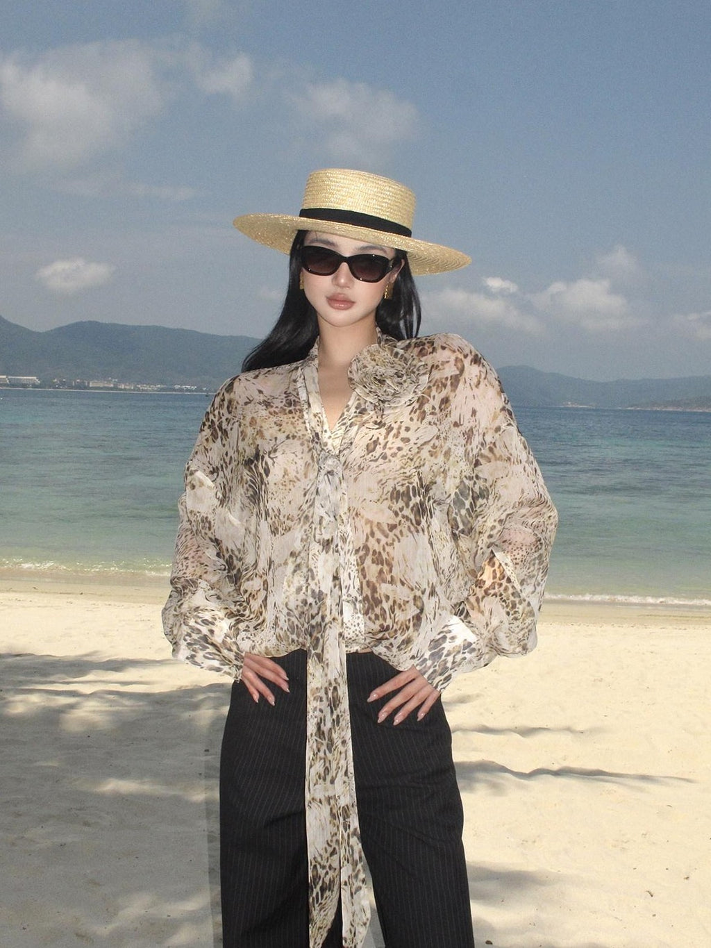 rovente Leopard Print Loose Long Sleeve Tie Neck Women's Polyester Shirt Jackets