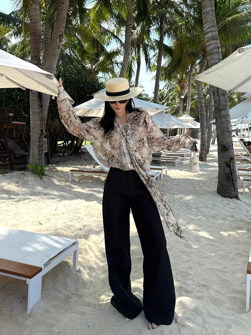 rovente Leopard Print Loose Long Sleeve Tie Neck Women's Polyester Shirt Jackets