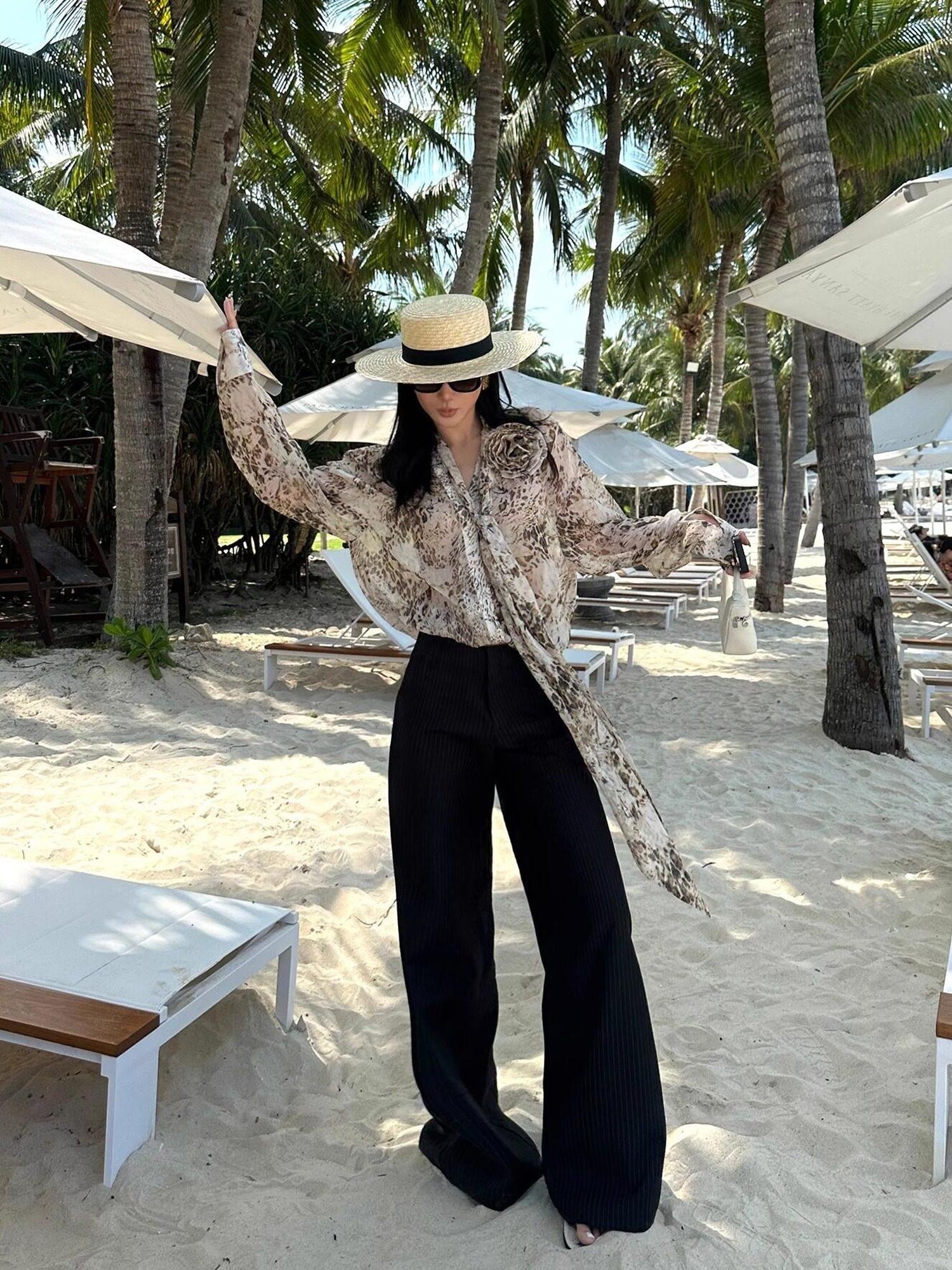 rovente Leopard Print Loose Long Sleeve Tie Neck Women's Polyester Shirt Jackets