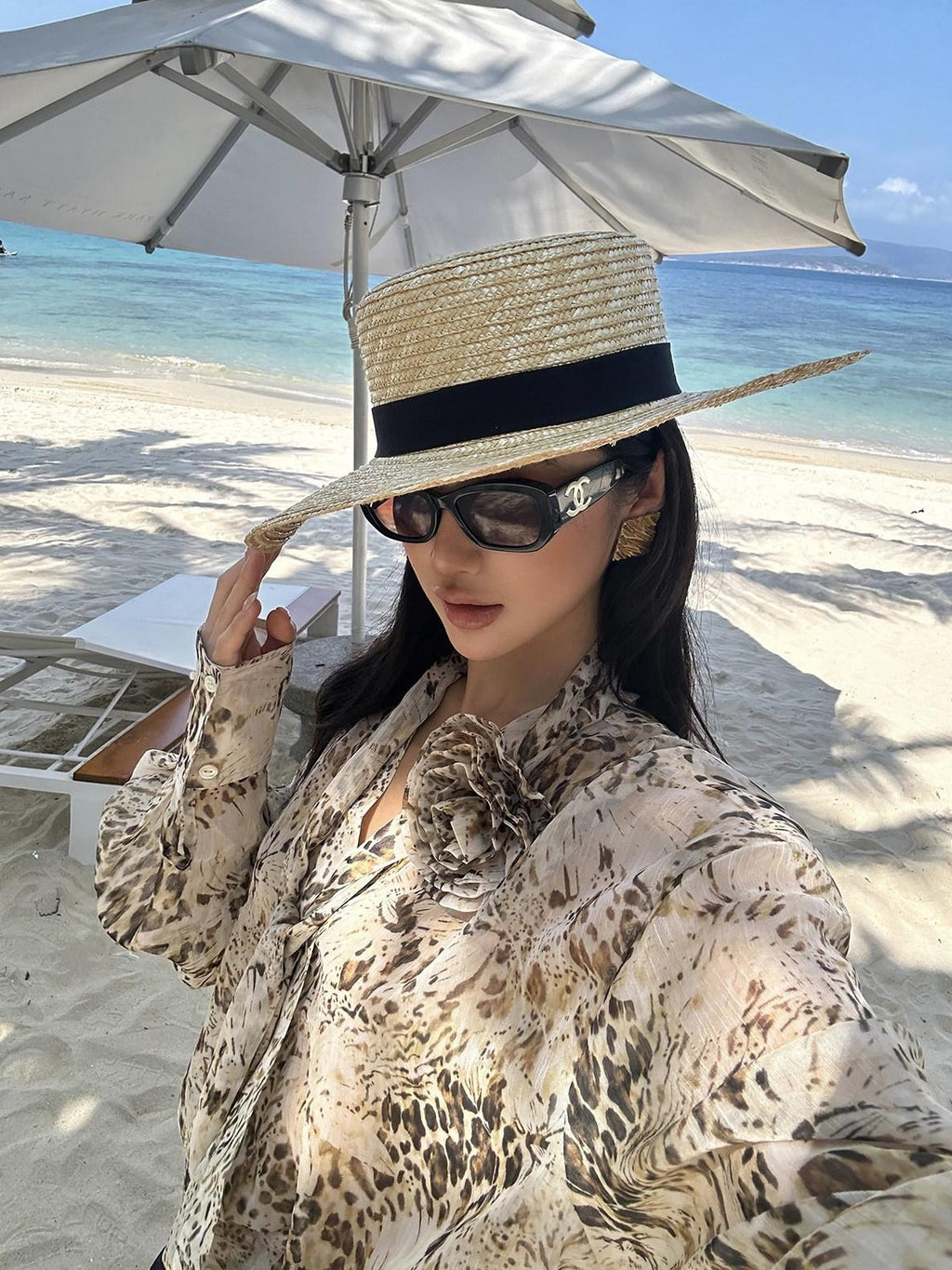 rovente Leopard Print Loose Long Sleeve Tie Neck Women's Polyester Shirt Jackets