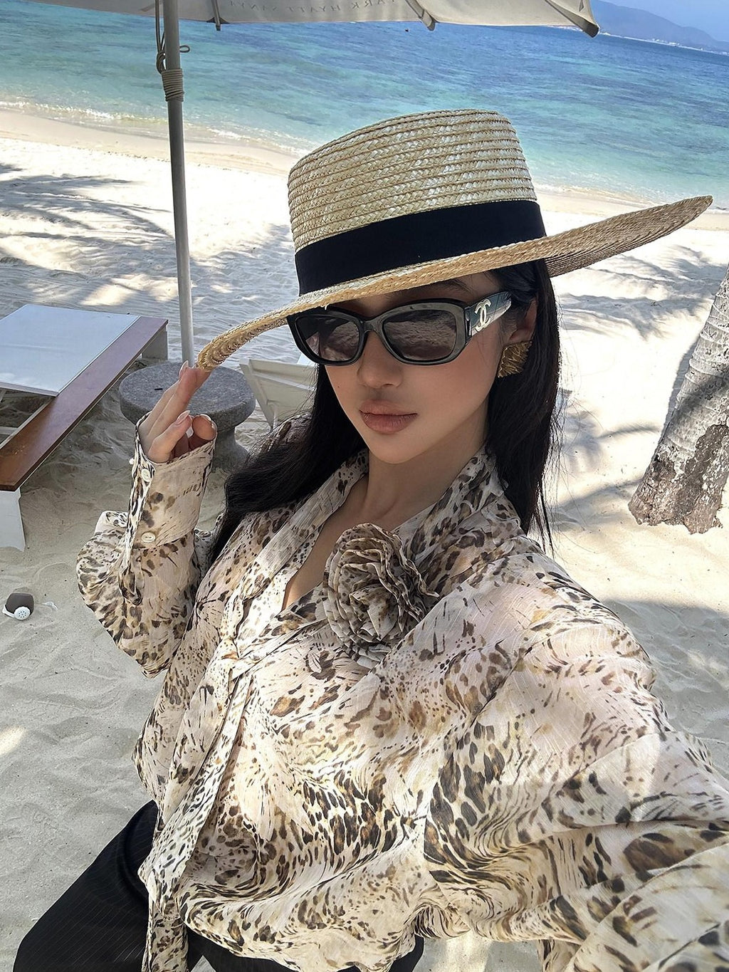 rovente Leopard Print Loose Long Sleeve Tie Neck Women's Polyester Shirt Jackets