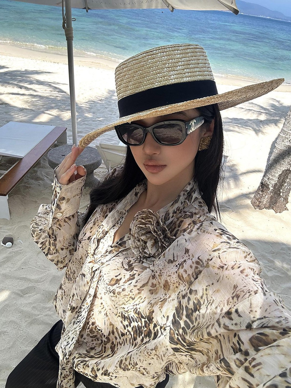 rovente Leopard Print Loose Long Sleeve Tie Neck Women's Polyester Shirt Jackets