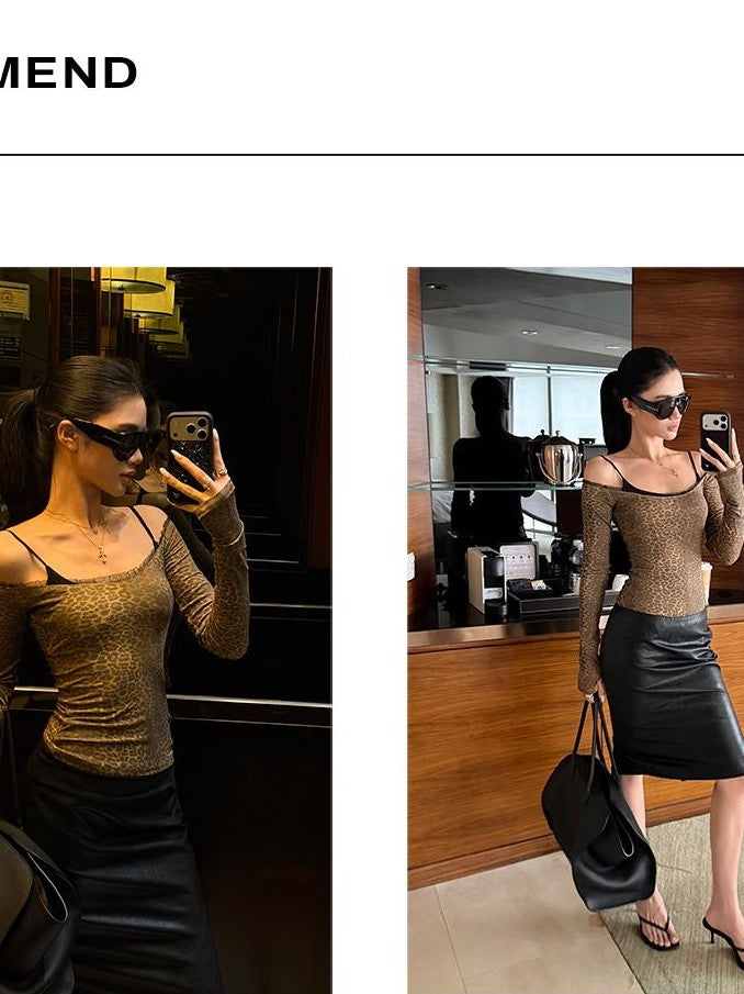 rovente Leopard Print Off Shoulder Slim Fit Women's Knit Long Sleeve T-shirts