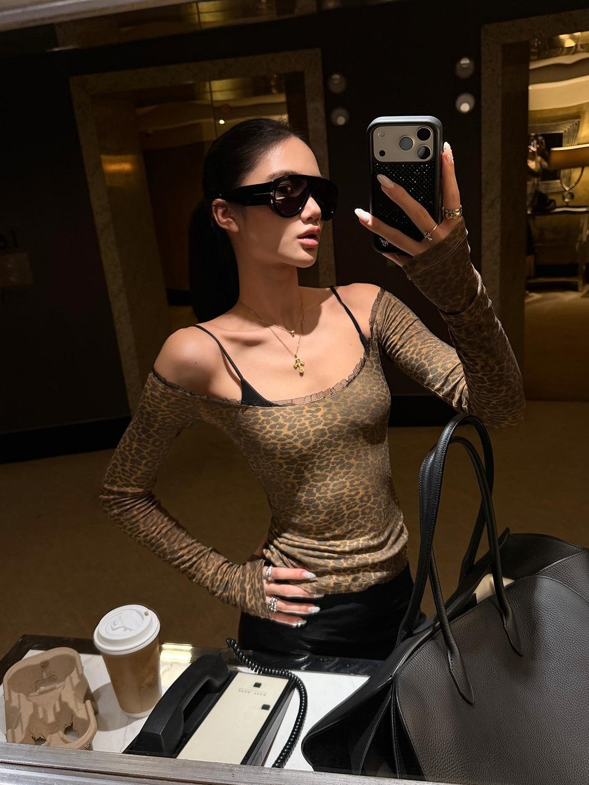 rovente Leopard Print Off Shoulder Slim Fit Women's Knit Long Sleeve T-shirts