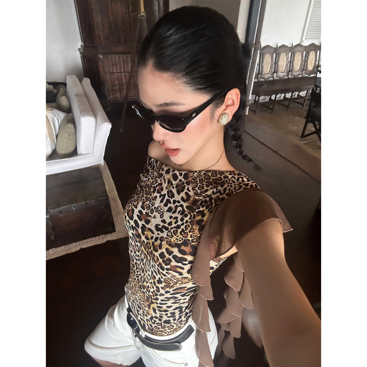 rovente_Leopard_Print_Ribbon_Slim_Fit_Women's_Polyester_Off-shoulder_T-shirts_876983428322_MISSTT