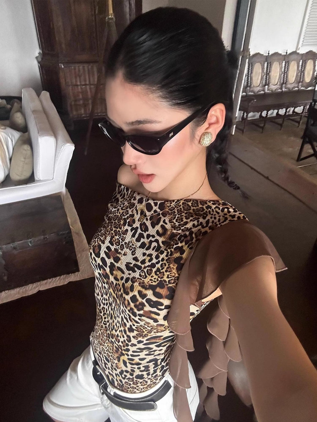 rovente Leopard Print Ribbon Slim Fit Women's Polyester Off-shoulder T-shirts