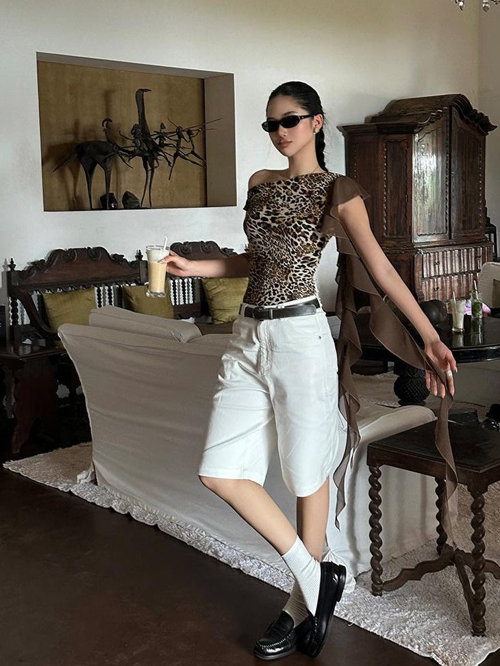 rovente Leopard Print Ribbon Slim Fit Women's Polyester Off-shoulder T-shirts