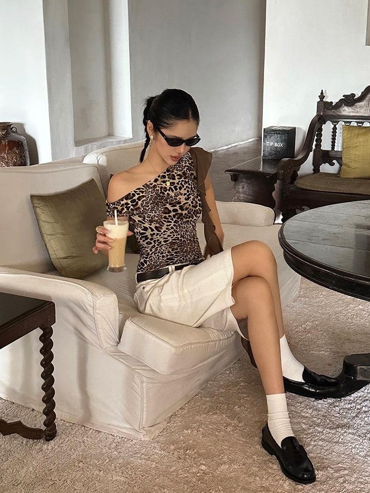 rovente Leopard Print Ribbon Slim Fit Women's Polyester Off-shoulder T-shirts